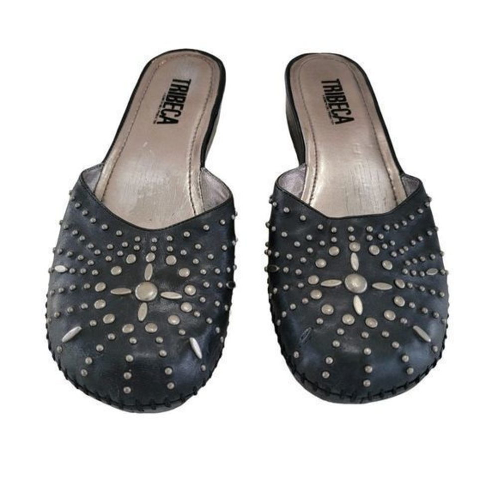 Tribeca‎ by Kenneth Cole blck mules silver studded slip on size 7.5